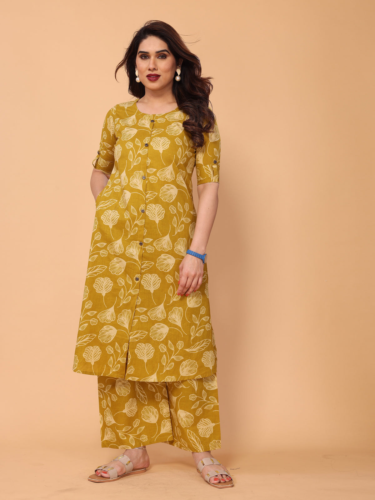 Mustard Yellow Ethnic Floral Printed Cotton Kurta Palazzo Set