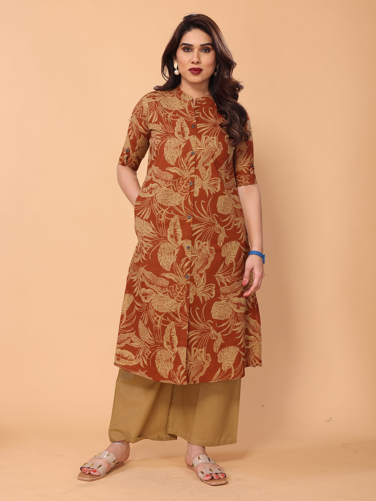 Orangey Red Cotton Floral Printed Kurta Palazzo Set