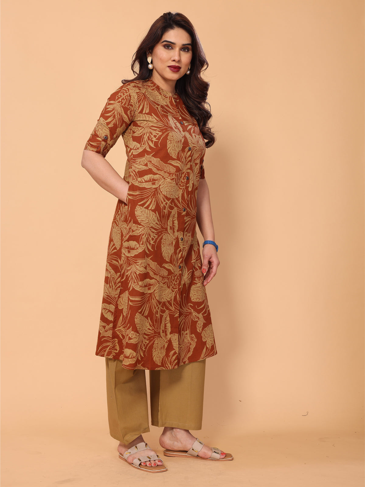Orangey Red Cotton Floral Printed Kurta Palazzo Set