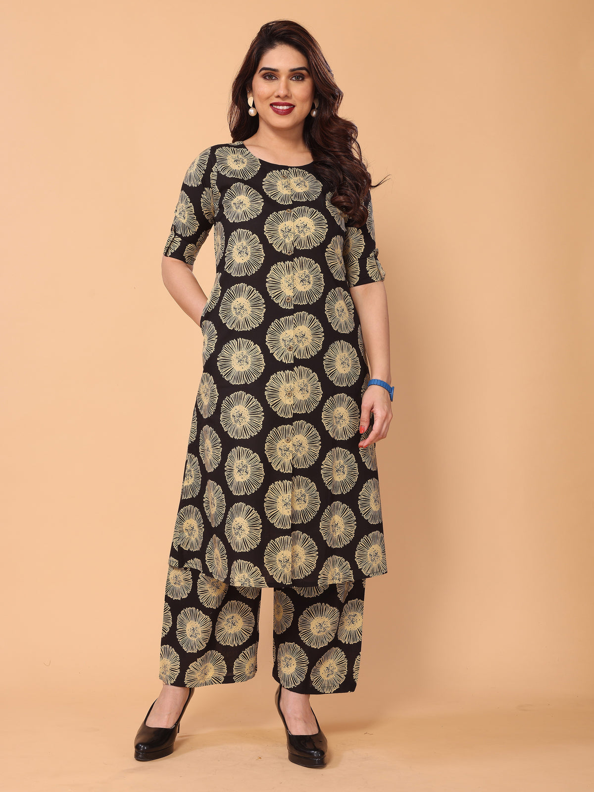Black Floral Printed Kurta Palazzo Set in Cotton