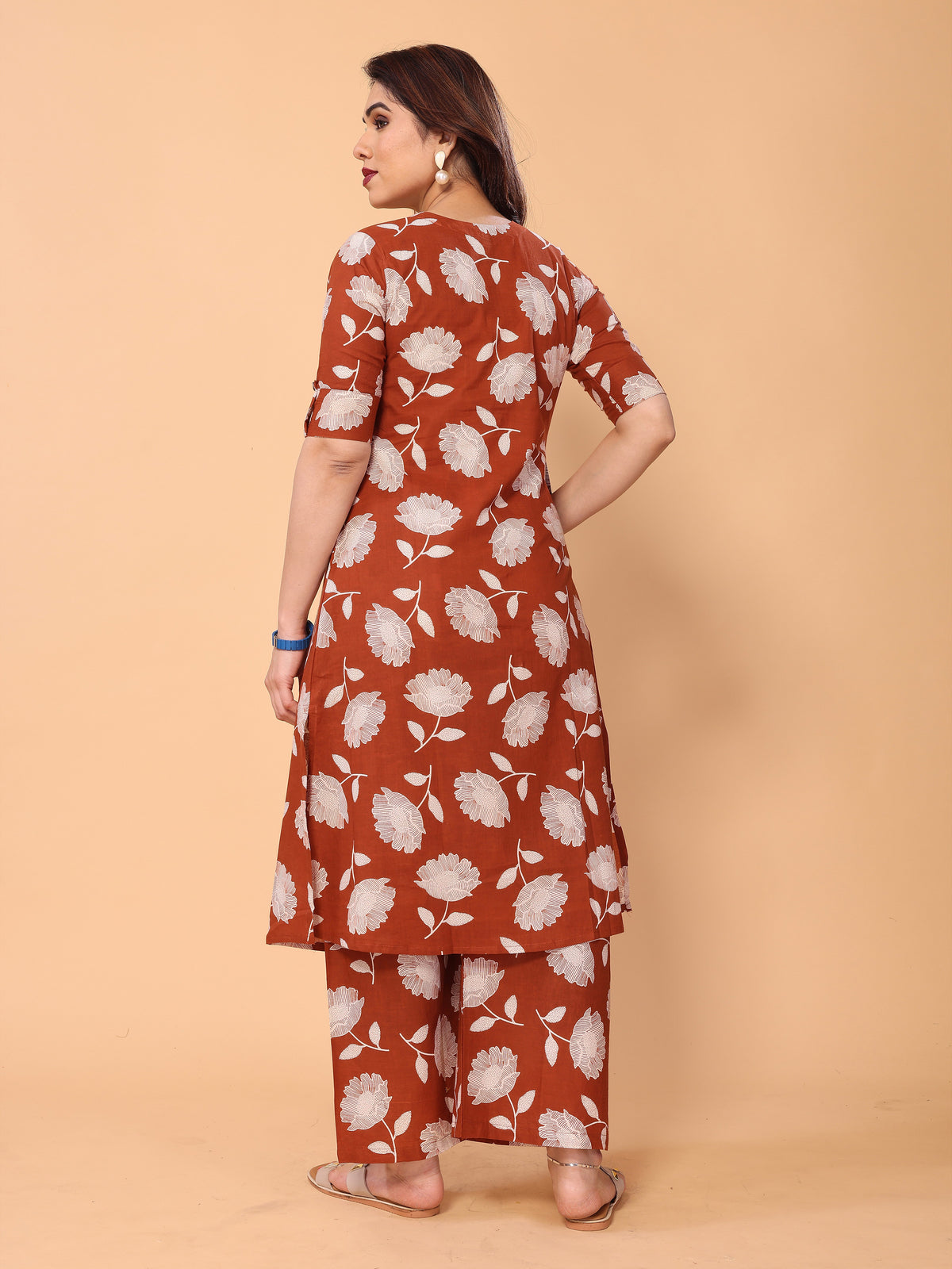 Brown Red Cotton Floral Printed Kurta Palazzo Set