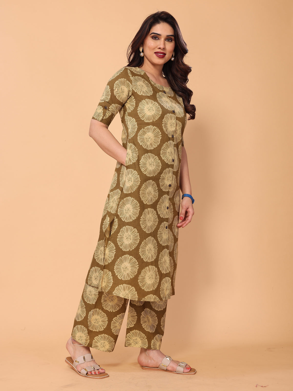 Brown Floral Printed Kurta Palazzo Set in Cotton