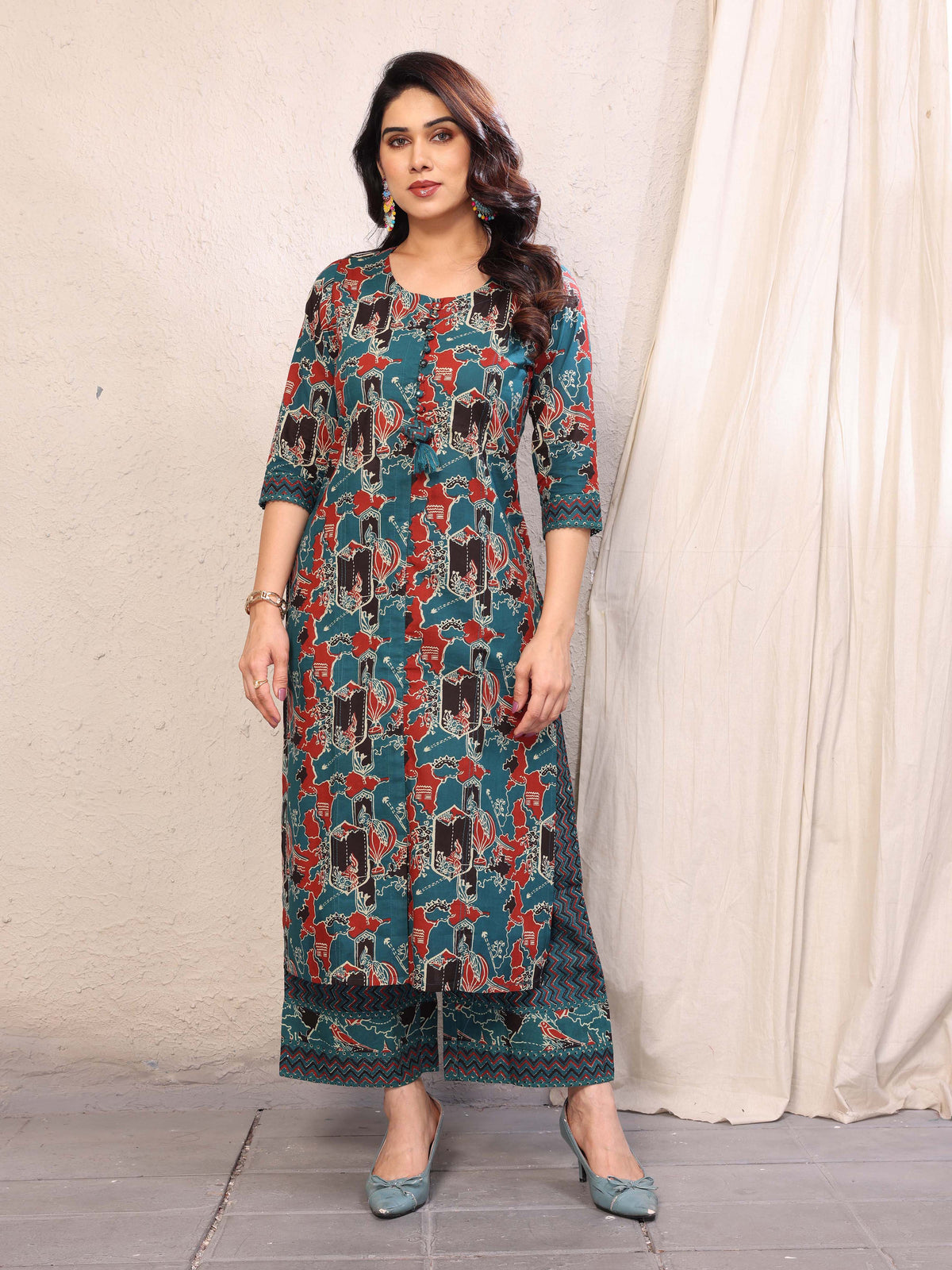 Cyan Blue Abstract Printed Three Quarter Sleeves Cotton Kurta with Palazzo