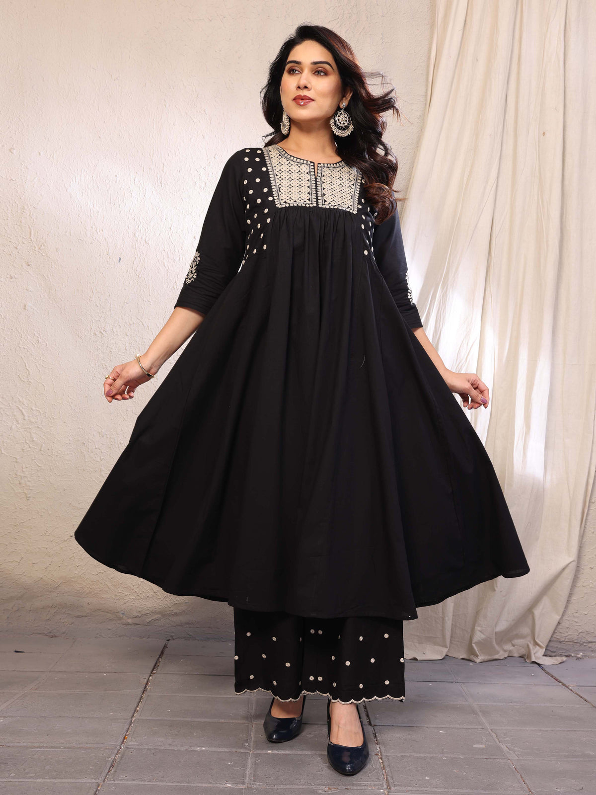 Black Flared A-Line Mirror Embellished Kurta Palazzo Set