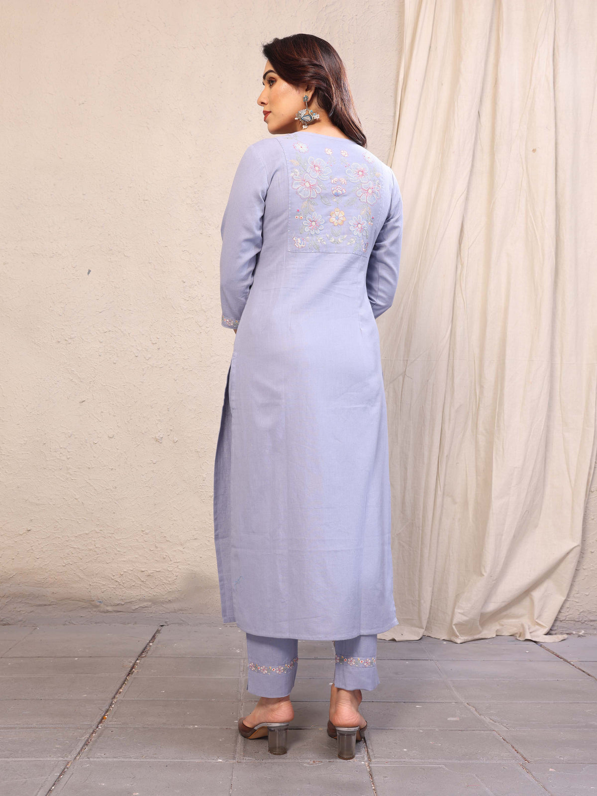 Light Blue Floral Embroidery Three Quarter Sleeves Cotton Kurta Pant Set