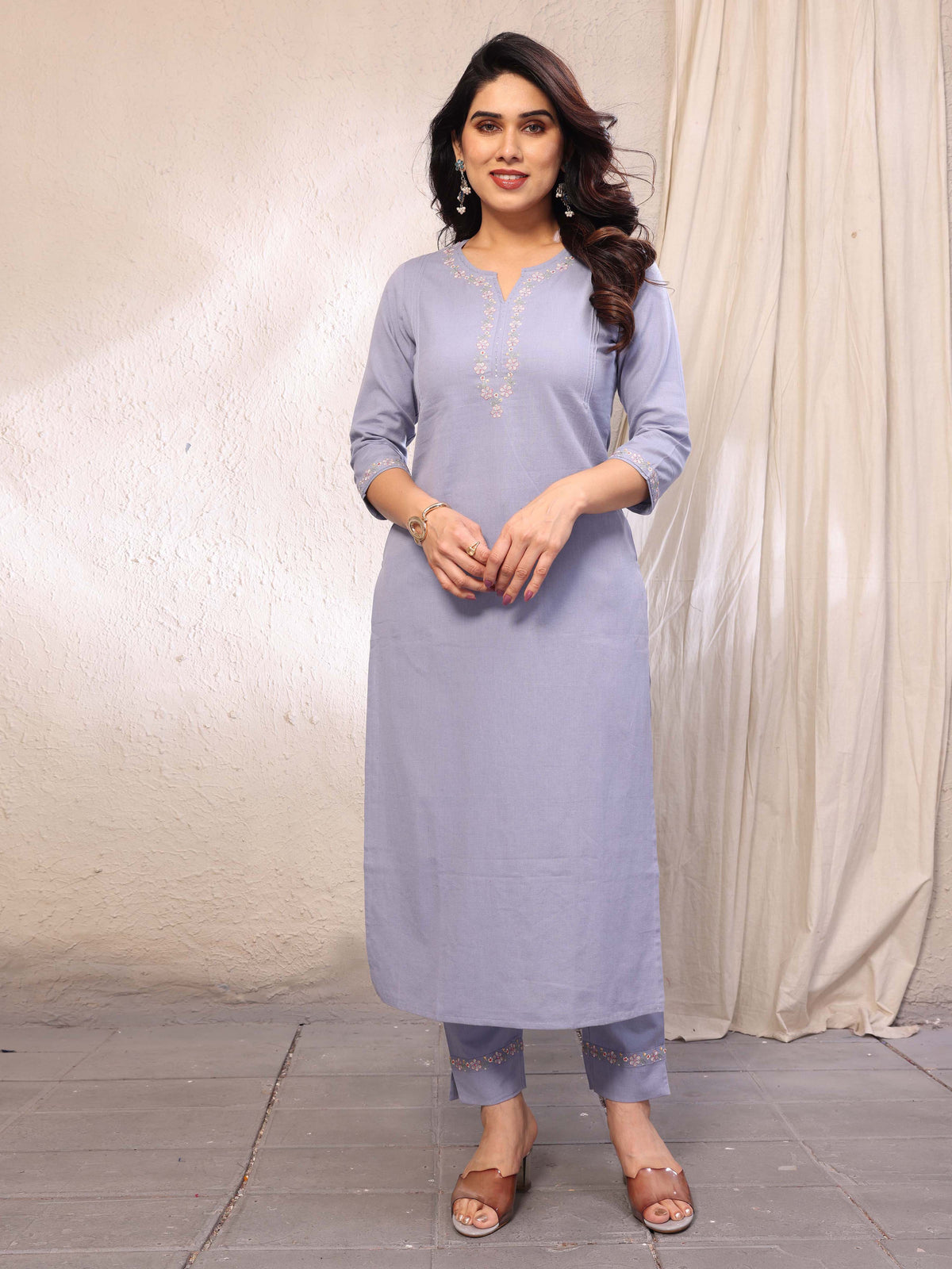 Light Blue Floral Embroidery Three Quarter Sleeves Cotton Kurta Pant Set
