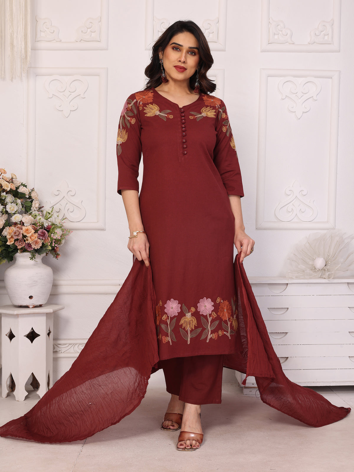 Maroon Floral Embroidered Straight Kurta Pant & Dupatta Set