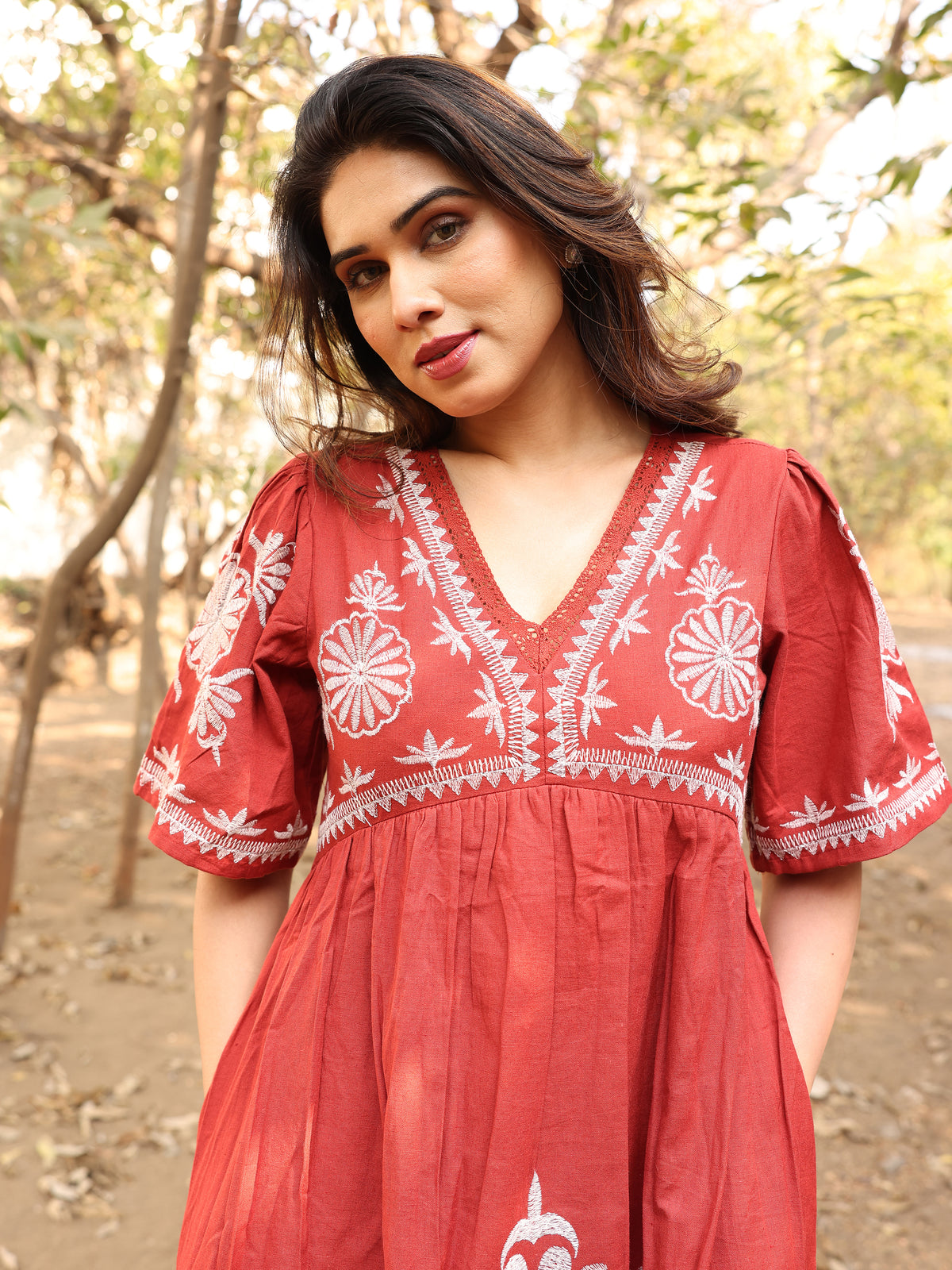 Rust Orange Floral Thread Work Embroidery Gown One Piece Dress
