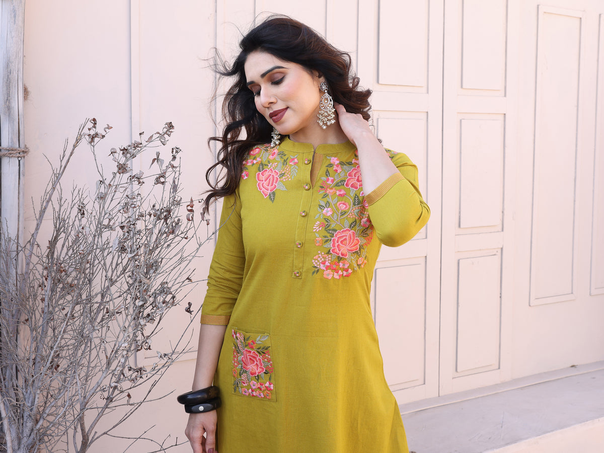 Olive Green Floral Embroidery Straight Kurta with Trousers