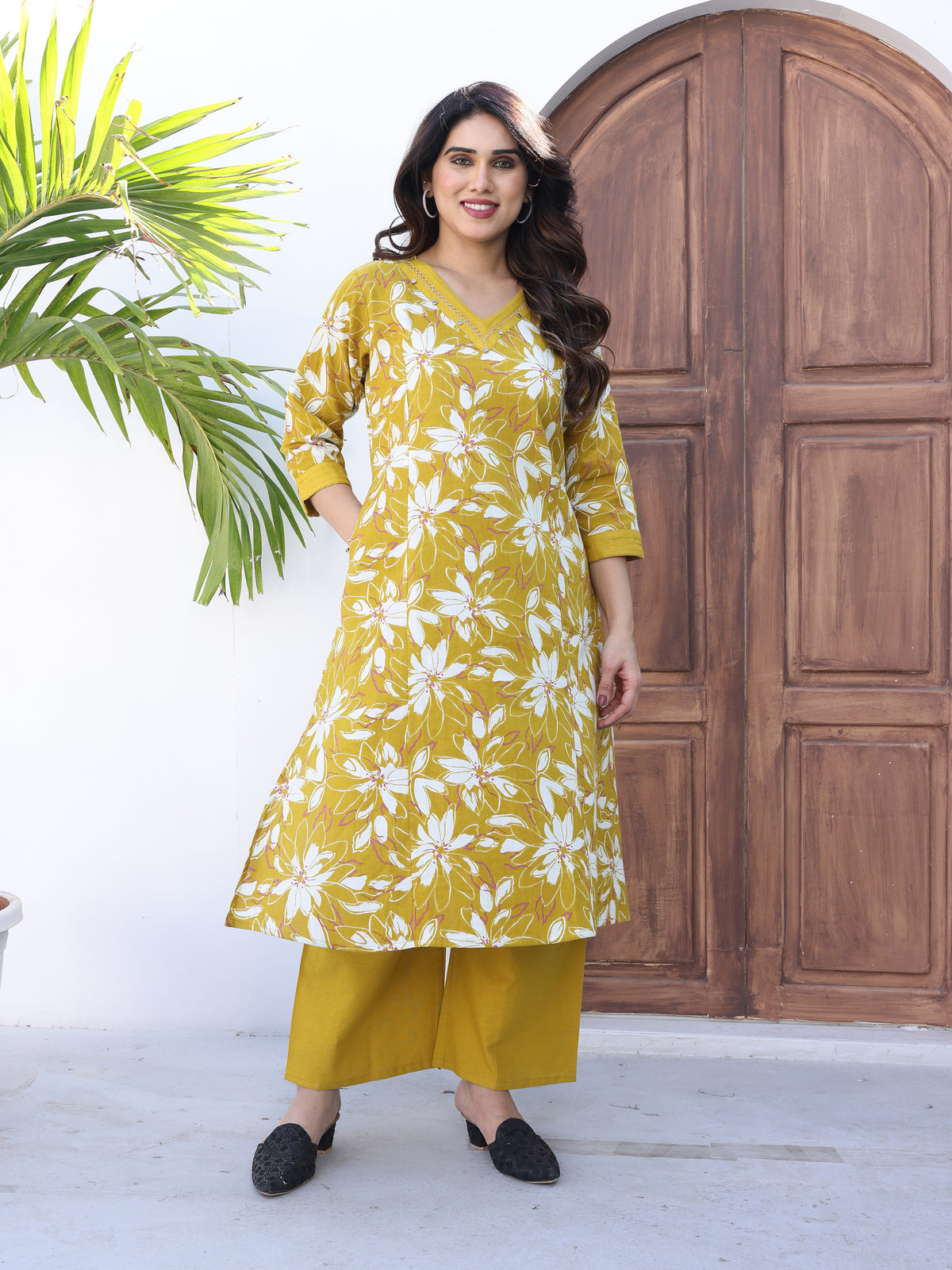 Mustard Yellow Floral Printed Cotton Kurta Palazzo Set