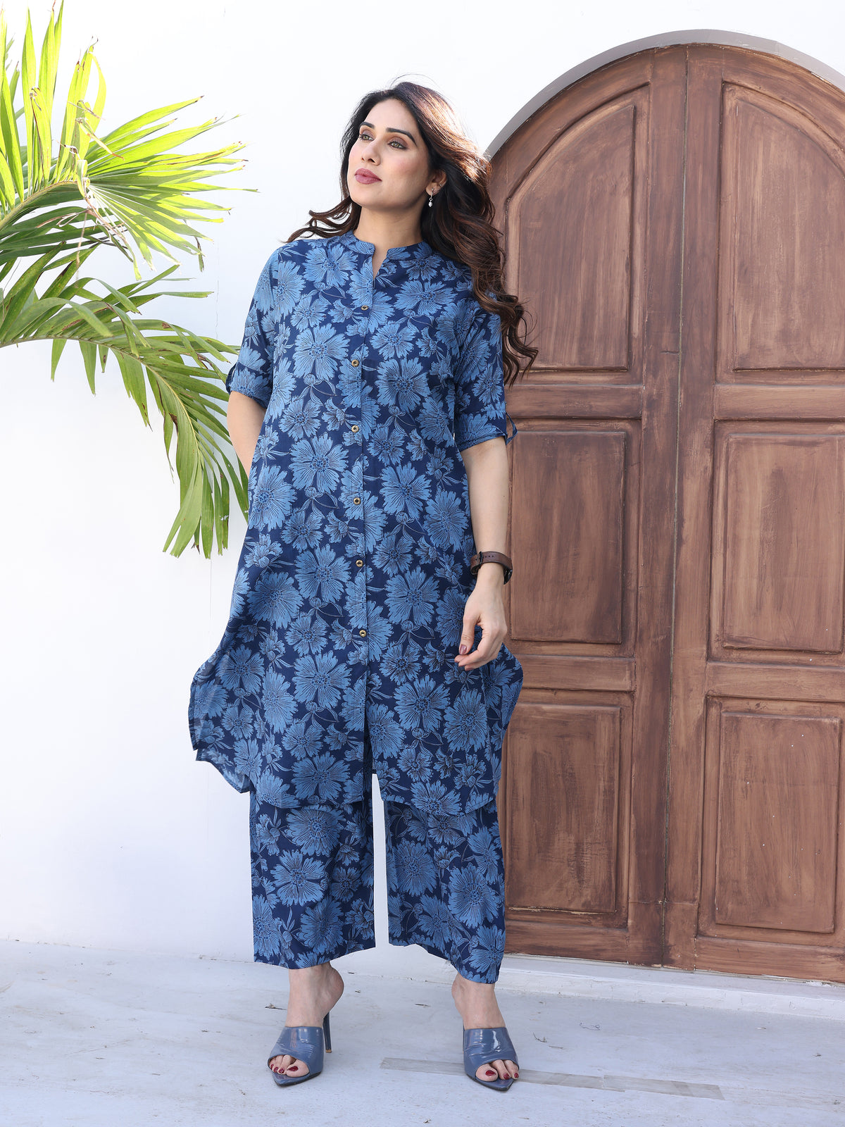 Blue Floral Printed Cotton Kurta Palazzo Set
