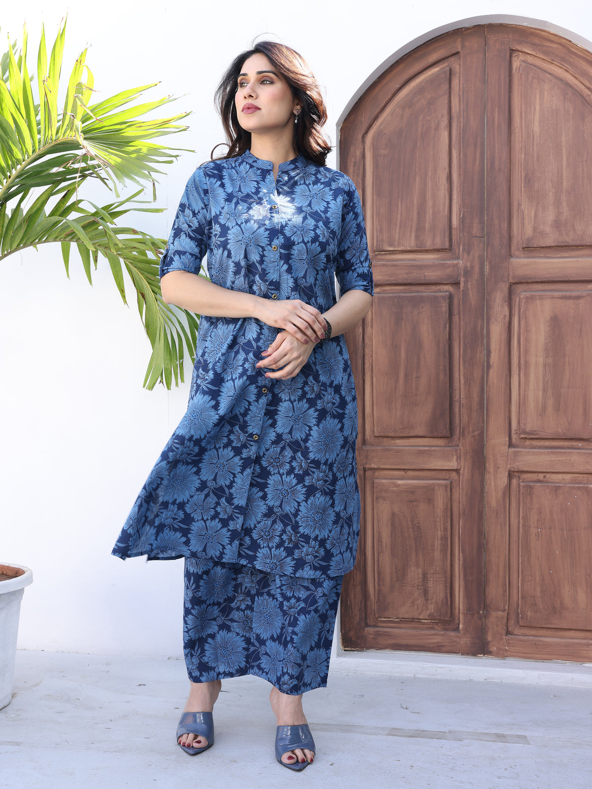 Blue Floral Printed Cotton Kurta Palazzo Set