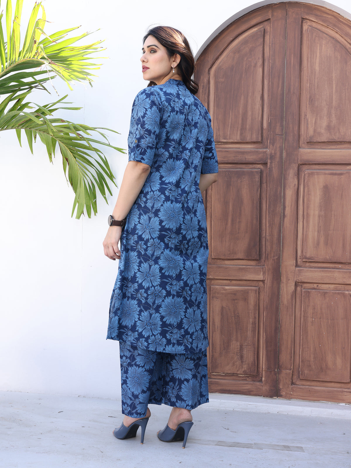 Blue Floral Printed Cotton Kurta Palazzo Set