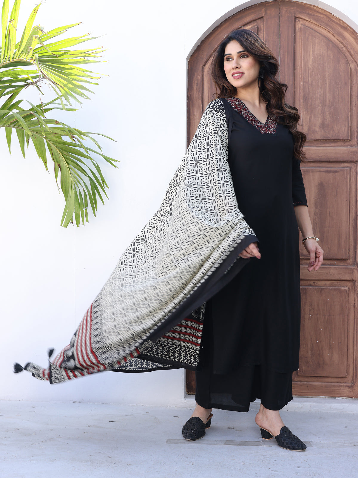 Elegant Black Kurta Palazzo Set with Ajrakh Print Dupatta