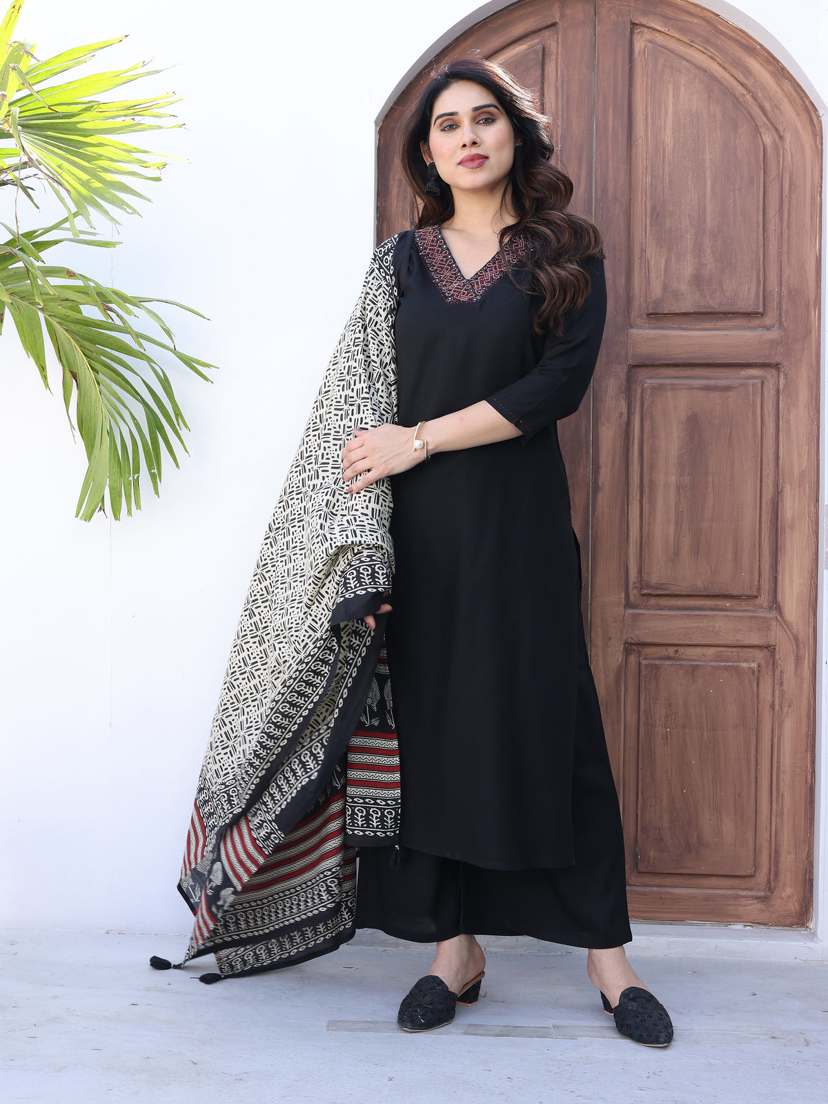 Elegant Black Kurta Palazzo Set with Ajrakh Print Dupatta