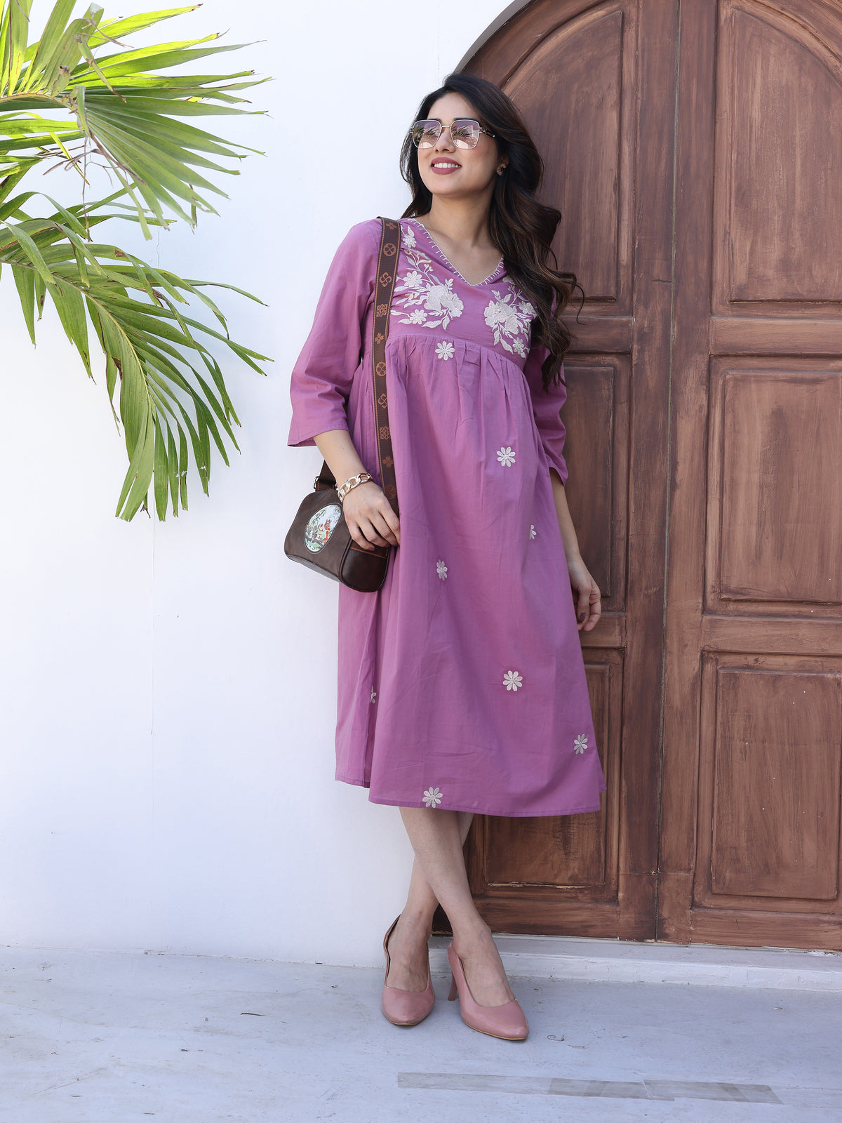 Purple Floral Embroidered Midi Dress