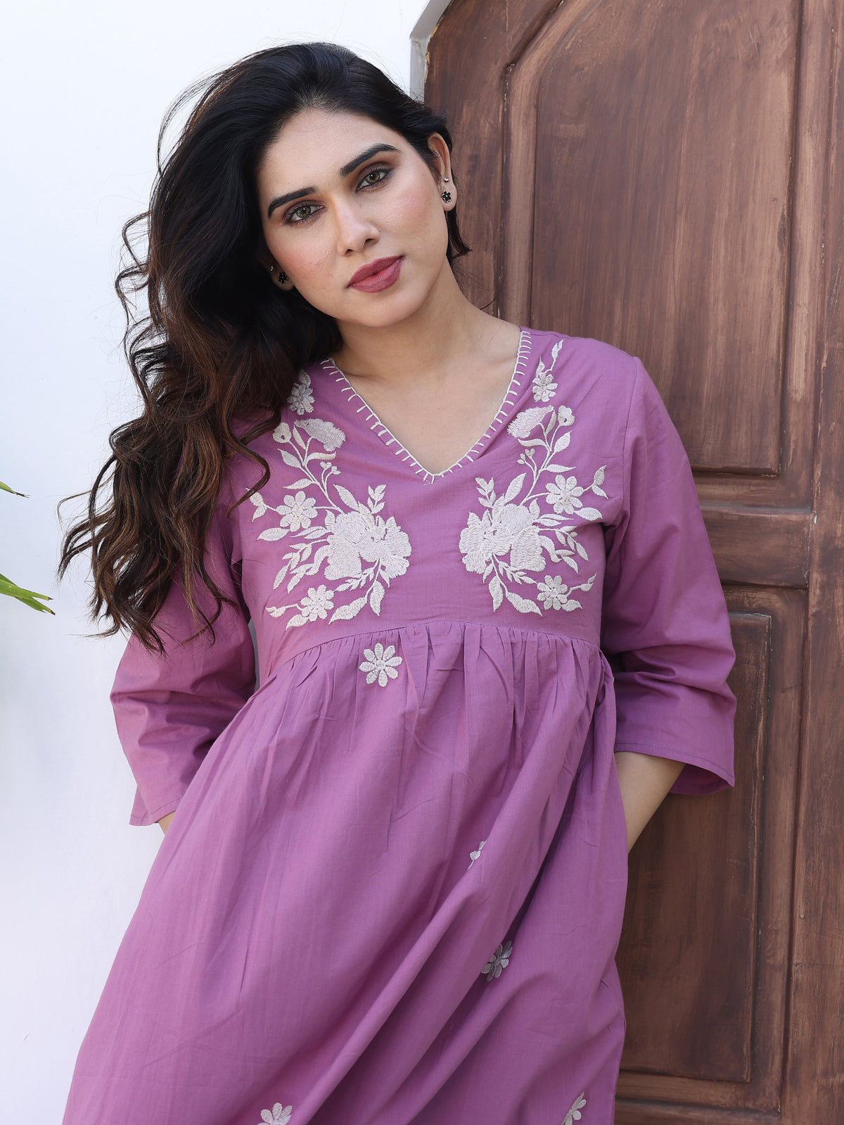 Purple Floral Embroidered Midi Dress