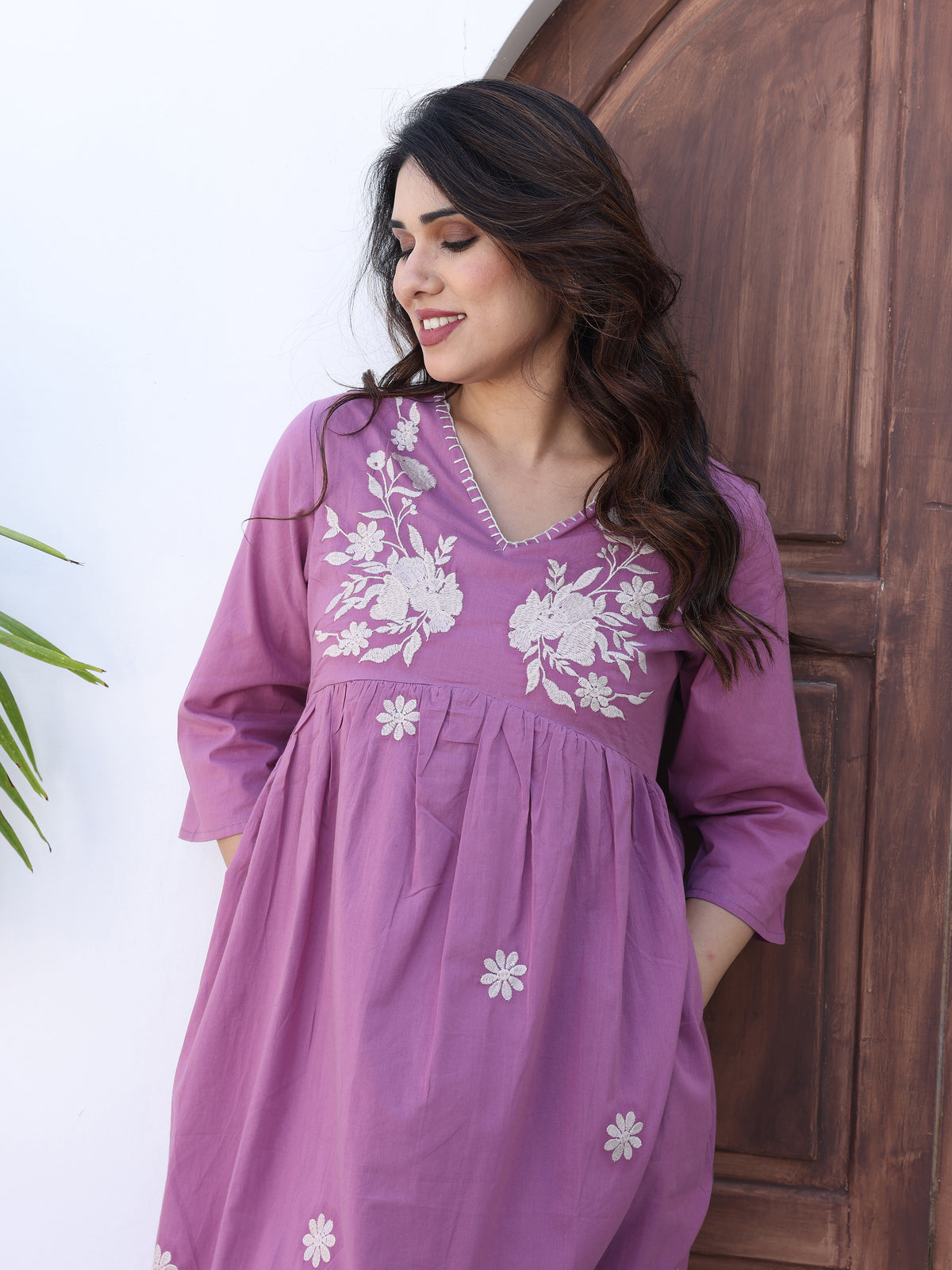 Purple Floral Embroidered Midi Dress