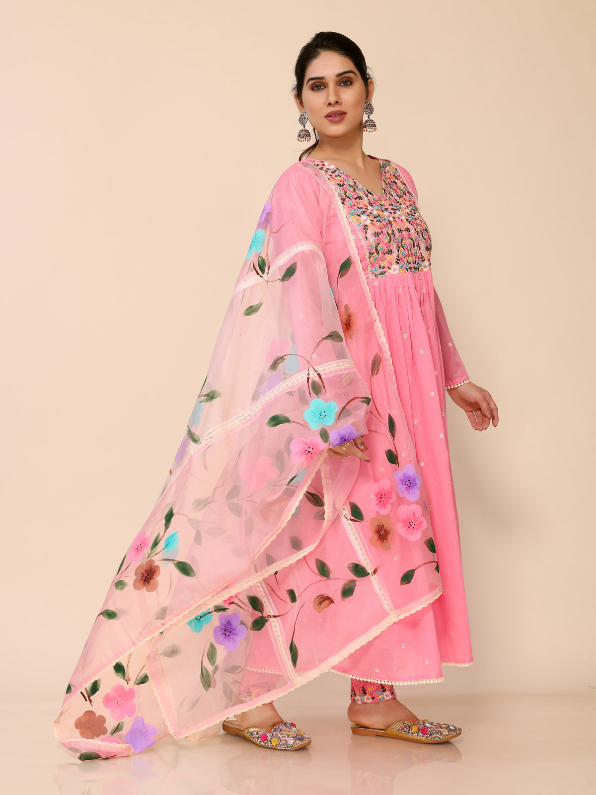 Pink Flared Floral Embroidery Printed Kurta Pant & Dupatta Set